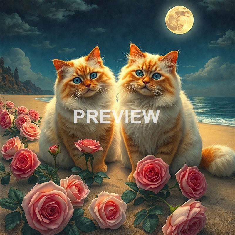 Two orange tabby cats with blue eyes sitting on a sandy beach surrounded by pink roses, under a full moon in a night sky with clouds and distant mountains.